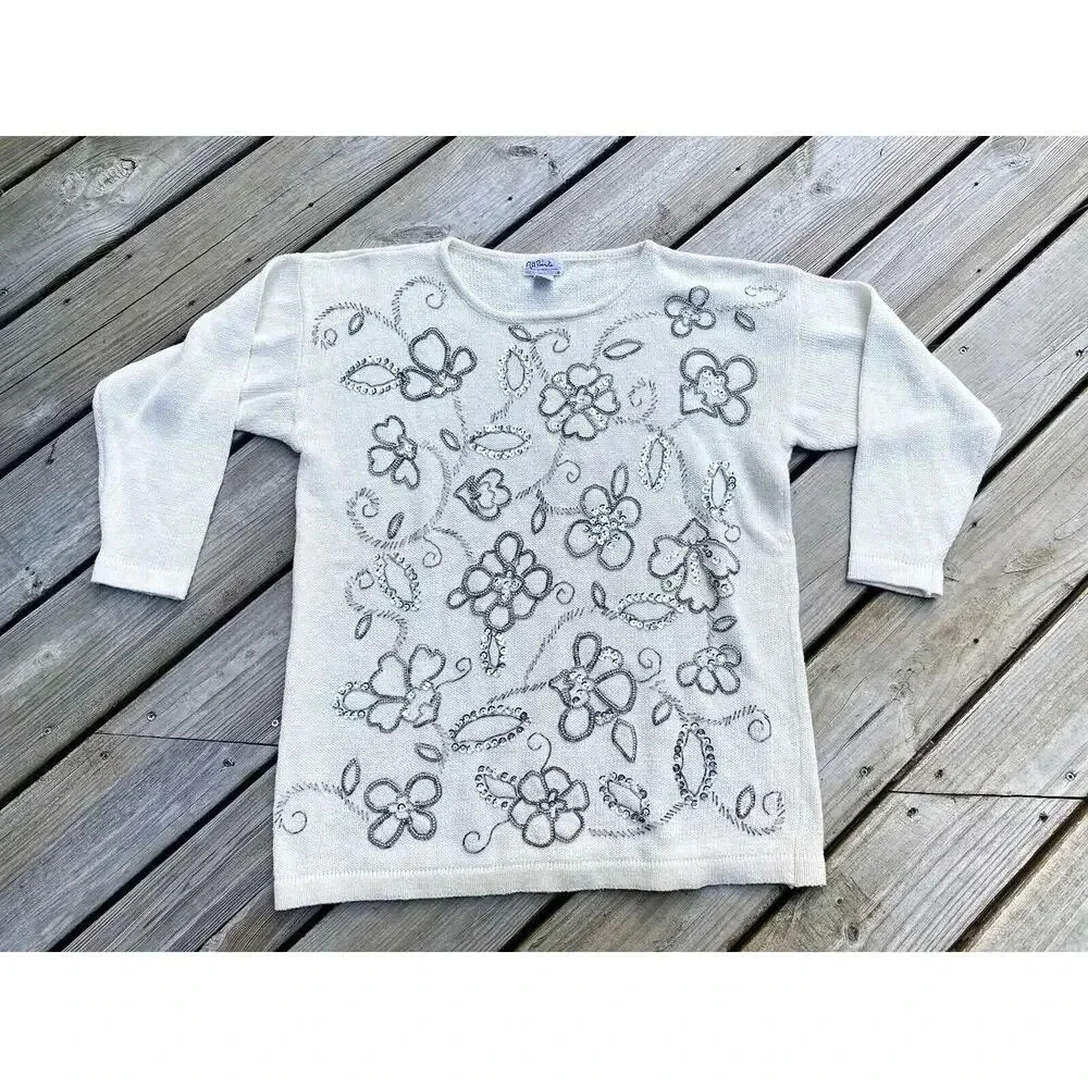 Vintage Beaded Sequin Cream Sweater Top Womens Medium All Points Reference Point
